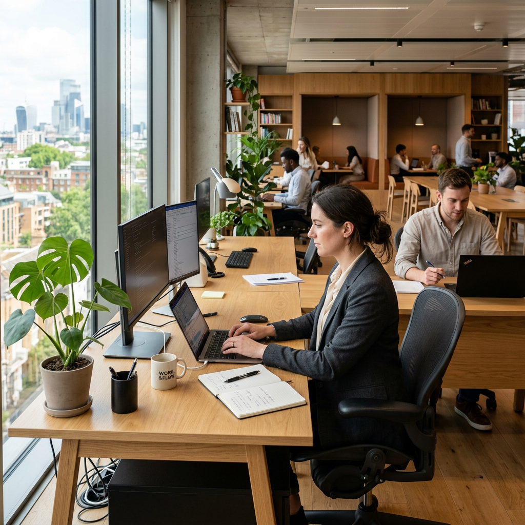 Professionals working at desks in a bright office overlooking London